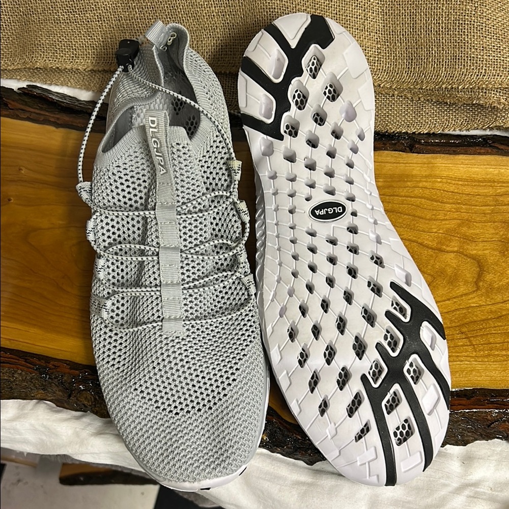 Gray and White Swim Shoes with Perforated Design and Textured Sole